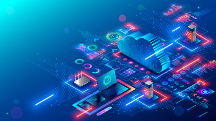 Leinwandbilder - Cloud technology. Cloud computing. Devices connected to digital storage in data center via internet. IOT. Smart home. Communication laptop, tablet, phone and domestic devices with online database.