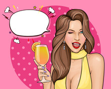 Pop Art Vector Illustration Of Sexy Girl In Dress With Open Mouth Holding A Cocktail In Her Hand. Young Woman With Brown Hair Winking And Smiling On Pink Background With Empty Speech Bubble.