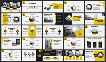 Wall Mural - Abstract white, yellow presentation slides. Modern brochure cover design. Fancy info banner frame. Creative infographic elements set. Urban city font. Vector title sheet model. Ad flyer style template