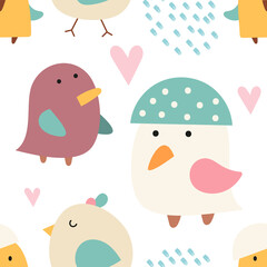 Wall Mural - Seamless pattern. Cute birds in cartoon style. Vector kids illustration for nursery design. Chick pattern for baby clothes, wrapping paper.