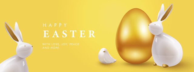 Easter banner, greeting card, holiday cover, poster, flyer design in 3d realistic style with golden egg, white rabbit and little bird. Modern minimal design for social media, sale, advertisement, web