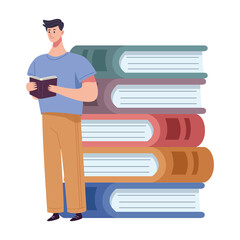 Wall Mural - reader man reading book standing with pile books character