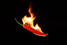 Red Hot Chili Pepper On Black Background With Flame