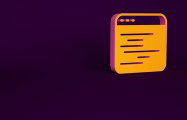 Orange Software, web developer programming code icon isolated on purple background. Javascript computer script random parts of program code. Minimalism concept. 3d illustration 3D render.