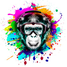 Monkey Head In Reggae Hat And Eyeglasses With Creative Abstract Elements On White Background