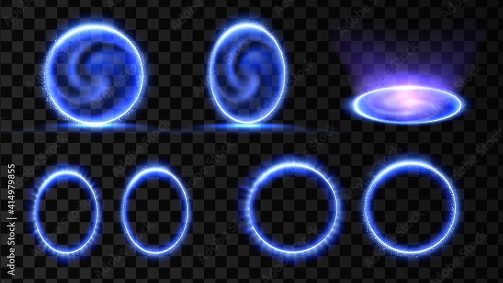 Blue magic portal. 3d hologram effect. Energy vortex teleport. Light circle frame. Isolated vector background. - obrazy, fototapety, plakaty 
