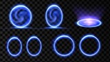Fototapeta  - Blue magic portal. 3d hologram effect. Energy vortex teleport. Light circle frame. Isolated vector background.