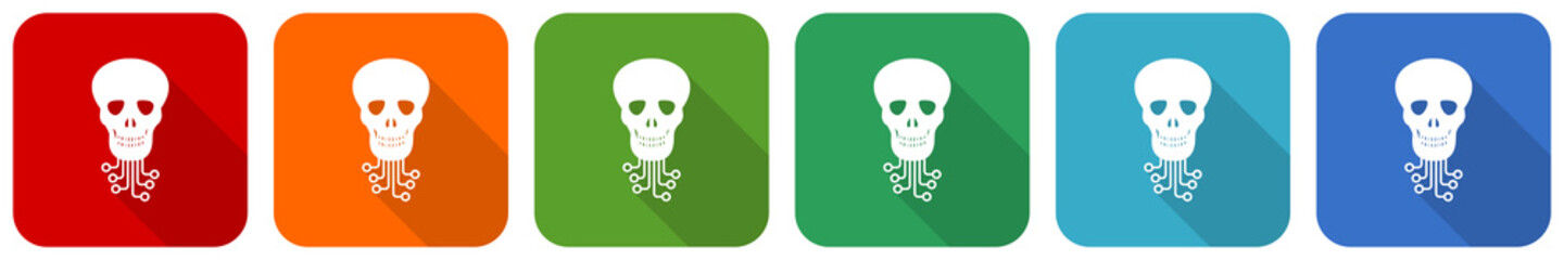 Leinwandbilder - Hack, virus, circuit, skull, hacker icon set, flat design vector illustration in 6 colors options for webdesign and mobile applications