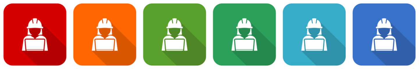 Aufkleber - Engineer with laptop, worker, manager icon set, flat design vector illustration in 6 colors options for webdesign and mobile applications