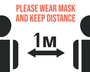 Please wear mask and keep safe social distance vector flat banner template. Poster with two man silhouettes calling to maintain social distancing to prevent viruses, diseases, Coronavirus spreading.