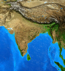 physical map of india, nepal, himalayas and tibet. detailed flat view of the planet earth and its la