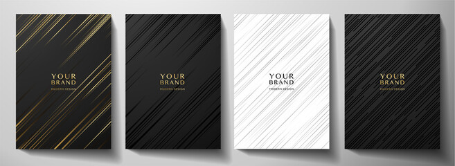 Wall Mural - Modern black and white cover design set. Luxury creative dynamic diagonal line pattern. Formal premium vector background for business brochure, poster, notebook, menu template 