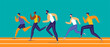 Multicultural group of young athletes running on the sports field. Modern flat design illustration in vivid colors. 