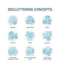 Decluttering Concept Icons Set. Trash And Recycling Idea Thin Line RGB Color Illustrations. Letting Go Unwanted Presents. Donation. Vector Isolated Outline Drawings. Editable Stroke