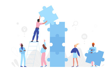 People team build puzzle, partnership concept vector illustration. Cartoon man woman partner group of characters building, connecting puzzle jigsaw pieces while standing on stairs isolated on white