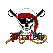 Skull Of A Pirate With Swords And An Eye Patch. Vector Image On A White Background.
