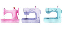 Watercolor Illustration Set Of Multicolored Sewing Toy Cars