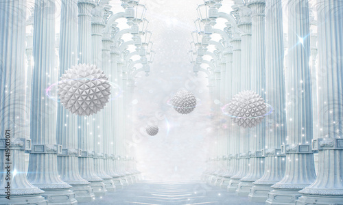 3d mural rendering wallpaper .
Columns with 3d sphere and light circles . mod...