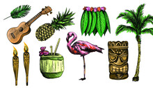 Colorful Watercolor Hand Drawn Hawaii Sketch Set. Hawaii Theme. Ukullele, Hawaii Guitar, Hula Skirt, Totem, Tribal Mask, Hawaii Bamboo Torch, Juice In Coconut	