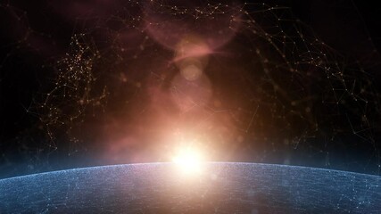 Wall Mural - 	artistic universe with star lens flare red light motion and blue glowing planet