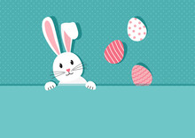 Easter Bunny And Eggs Vector Greeting Card. Cute Rabbit On Paper Background. Cartoon Character On Vintage Banner. Holiday Illustration
