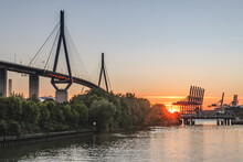 Germany, Hamburg, Kohlbrand Bridge At Sunset