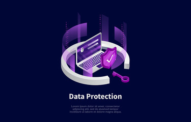 Data And Information Privacy Protection Concept Illustration In Cartoon 3D Style. Vector Composition In Neon Colours. Dark Background And Text. Computer With Lock On Screen, Shield And Fencing Around