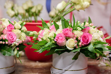 Florist Making A Flower Box With Pink And White Roses, White Roses In A Tank On A Background