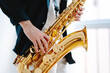 © Jake Jakab/ADDICTIVE STOCK - Crop male musician playing saxophone while standing on white background and looking away