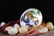 Easter Egg, Ostrich Egg With Colorful Cloisonne Chinese Dragon