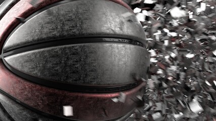 Roasted Metallic Black-Red Basketball with Rotation Particles under spot lighting background. 3D illustration. 3D high quality rendering. 