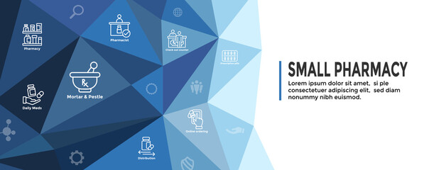 Wall Mural - Pharmaceuticals and medications icon set w web header banner
