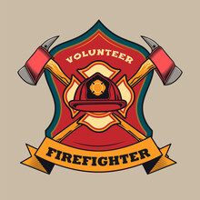 Trendy Badge With Red Protective Helmet And Crossed Axes Vector Illustration. Colorful Label For Volunteer Firefighters. Emergency And Firefighting Concept Can Be Used For Retro Template