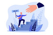 Big hand helping tiny businessman flat vector illustration. Cartoon metaphor of rescue solution in danger and problematic situation. Social solidarity, teamwork and emergency assistance concept