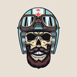 © Bro Vector - Vintage sticker with biker skull in helmet vector illustration. Colorful racer bearded skull, helmet and googles. Bikers club and freedom concept can be used for retro template