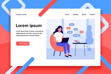 Woman learning web design. Girl with laptop, stack of books flat vector illustration. Programming, education, online course concept for banner, website design or landing web page