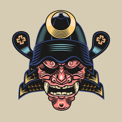 Wall Mural - Japanese samurai pink mask. Warrior or fighter traditional armor element, angry grinning face with helmet vector illustration. Military and history concept for symbols and emblems templates