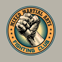 Round emblem with human fist vector illustration. Colorful retro label for fighting club. Sport activity or mixed martial arts concept can be used for retro template, banner or poster