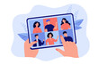 © Bro Vector - Female hand holding tablet with group video call isolated flat vector illustration. Cartoon digital tablet with online conference on screen. Virtual community and communication concept