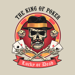 Wall Mural - King of poker skull. Colorful isolated element with dead skeleton head in fedora hat, cards and dices vector illustration. Gambling or casino concept for symbols and emblems templates