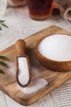 Natural Sweetener In A Wooden Spoon. Sugar Substitute. Erythritol