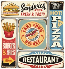 Fast Food Restaurants And Diners Retro Signs Collection. Burger, Pizza, French Fries, Sandwich And Hot Dogs Posters And Vector Design Elements. 