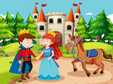 Fototapeta Pokój dzieciecy - Scene with prince and princess at the castle