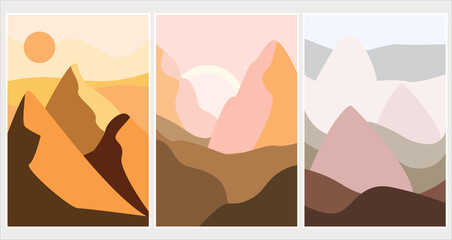 Wall Mural - A set of abstract content of a modern landscape poster illustration, background in yellow, brown, terracotta tones. Sandy desert, mountains, peaks. Vector graphics