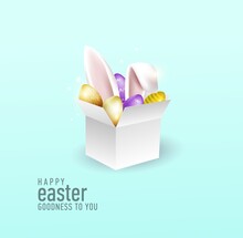 Vector Realistic Easter Golden And Purple Eggs In A Box, Rabbit Ears Peeking Out. Easter Greeting Card On Blue Background