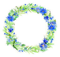 Canvas Print - beautiful floral wreath, blue flowers and green leaves. watercolor hand drawn illustration, isolated