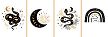 Mystic Cards Set. Mystical Boho Floral Moon, Animal, Moon Serpent, Rainbow Celestial Elements Esoteric Logo