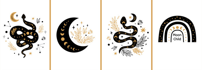 Wall Mural - Mystic cards set. Mystical boho floral moon, animal, moon serpent, rainbow Celestial elements Esoteric logo