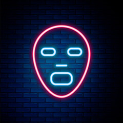 Sticker - Glowing neon line Facial cosmetic mask icon isolated on brick wall background. Cosmetology, medicine and health care. Colorful outline concept. Vector.