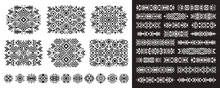 Navajo Elements Set In Boho Style On White And Black. Abstract Aztec Elements. National Tribal Pattern. Logo, Symbol And Background. 